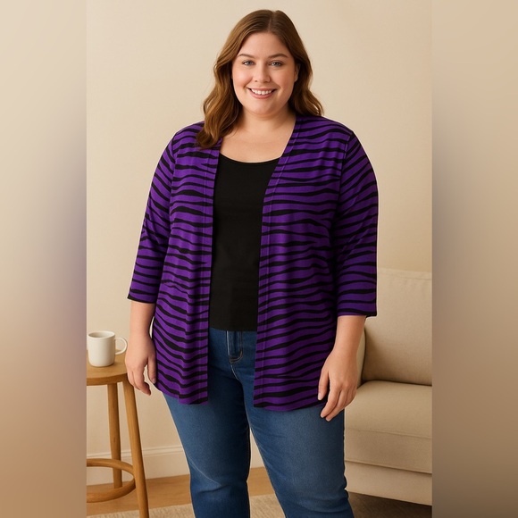 Sag Harbor Jackets & Blazers - Vintage Sag Harbor Purple and Black Textured Embroidered Cardigan Blazer Size 1X